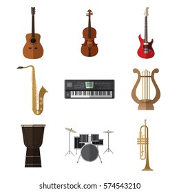 Set of simple musical instruments flat icons on white background vector illustration