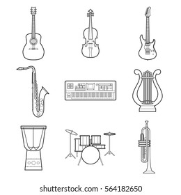 Set of simple musical instruments line art icons on white background vector illustration