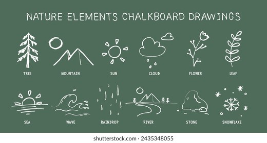 Set of simple nature elements doodle drawings on green chalkboard hand-drawn style vector design. Tree, mountain, Sun, clouds, flower, leaf, sea, wave, raindrops, river, stone, snowflakes