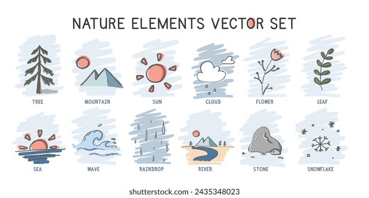 Set of simple nature elements hand-drawn style vector design. Tree, mountain, Sun, clouds, flower, leaf, sea, wave, raindrops, river, stone, snowflakes. Cute nature elements concept doodle drawings