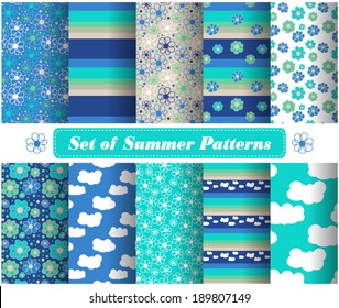 Set of simple nature patterns. Abstract seamless patterns with simple nature elements. Fabric swatches. Design for wrapping paper, web, gift paper, cover. Vector wrapping paper patterns.