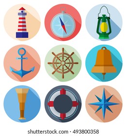 Set of simple nautical flat symbols with long shadows on color circle background vector illustration. Marine icons