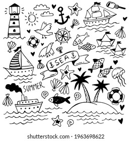 Conjunto de simples ilustraciones náuticas. Doodle dibujado a mano. Juego de iconos de mar. Buques, faro, mar, olas, gaviotas, palmeras, islas, descansar en la playa, ancla, pescado.