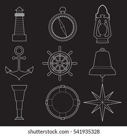 Set of simple nautical line art  symbols on black background vector illustration