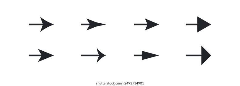 Set of simple navigation right symbols. Black shapes. Cursor orientation pointers. Vector icons in flat style