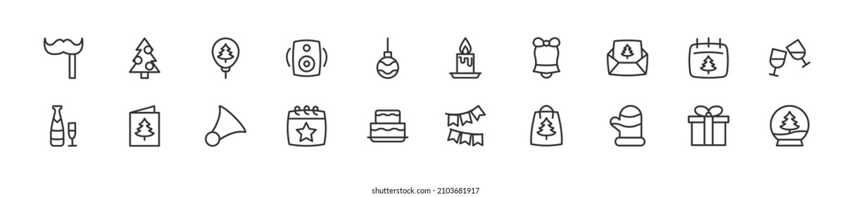 Set of simple new year line icons. Outline stroke object. Linear signs pack. Perfect for web apps and mobile.