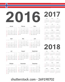 Set of simple Norwegian 2016, 2017, 2018 year vector calendars. Week starts from Sunday.