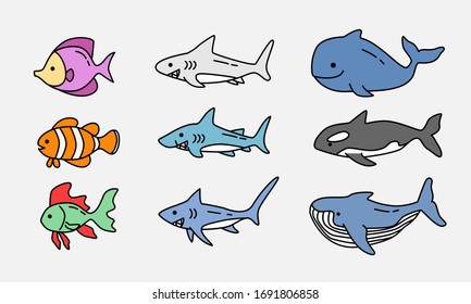 Set of simple Ocean fish and whale illustration