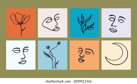 Set of simple one line illustration with women faces, moon and flower. Girl's face and leaves, eco and magic set for tattoo and logo.