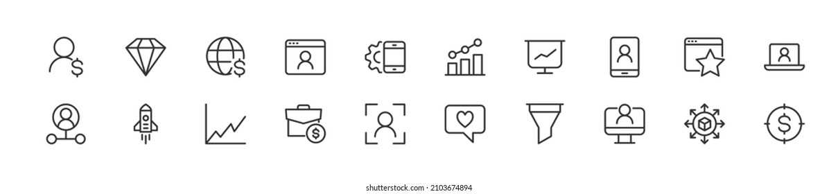 Set of simple online marketing line icons. Outline stroke object. Linear signs pack. Perfect for web apps and mobile.