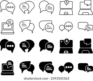 A set of simple online message icons featuring modern communication symbols, including chat bubbles, email, notifications, and messaging apps.