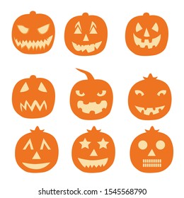 Set of simple orange Halloween pumpkins silhouettes, expression different