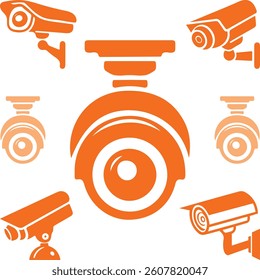 A set of simple, orange security camera icons in various orientations.
