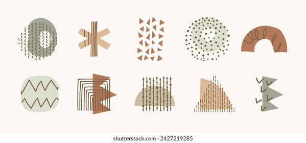 Set of simple and organic abstract shapes and doodle lines for posters and wallpaper designs. Best colors for wabi-sabi and Japandi style. Contemporary vector Illustration