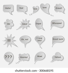 Set of simple original speech bubbles with expression of various emotions or with any other text. Vector element of graphic design