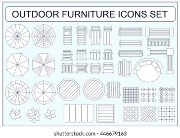 Set of simple outdoor furniture vector icons as design elements - beach chair, bench, table, umbrella, round sofa, seamless floor tiles samples, sofa, chair, plants, armchair