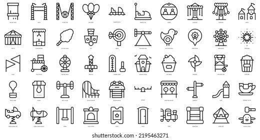 Set of simple outline amusement park Icons. Thin line art icons pack. Vector illustration