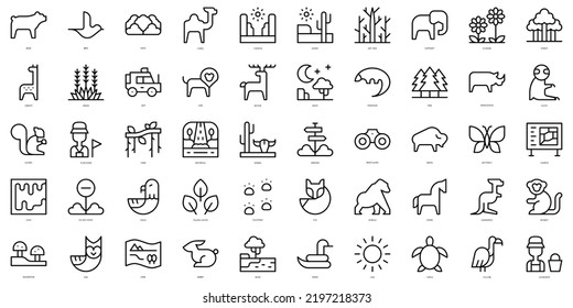 Set of simple outline animal and nature Icons. Thin line art icons pack. Vector illustration