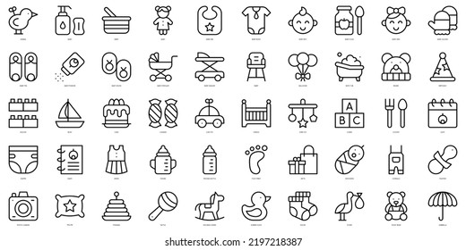 Set of simple outline baby shower Icons. Thin line art icons pack. Vector illustration