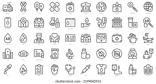 Conjunto de íconos simples de donación de sangre. Paquete de iconos de arte delgado. Ilustración del vector