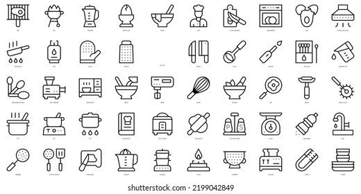 Conjunto de iconos de cocina de esquema sencillo. Paquete de iconos de arte delgado. Ilustración del vector