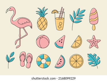 Set von einfachen Umrissen süße Sommerelemente. Flamingo, Wassermelone, Ananas, Zitrone, Cocktail, Eis, Hausschuhe. Vektorgrafik.