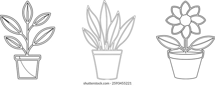 Set of Simple Outline Drawings in Potted Plants and Flower