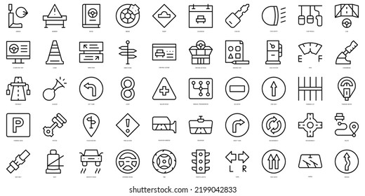 Set of simple outline driving school Icons. Thin line art icons pack. Vector illustration