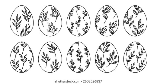 Set of simple outline Easter eggs. Simple illustration for Easter - ornamented eggs isolated on white background. Spring illustration, eggs with leaves set for greeting cards, patterned elements.
