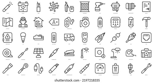 Set of simple outline electrician tools and elements Icons. Thin line art icons pack. Vector illustration