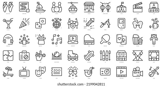 Set Of Simple Outline Entertainment Icons. Thin Line Art Icons Pack. Vector Illustration