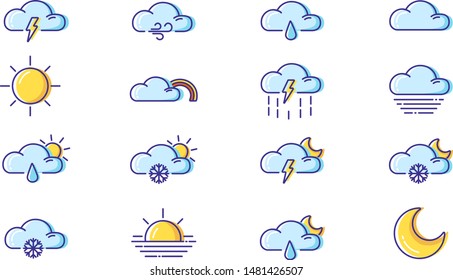 Set of simple outline filled colorful icons - weather or forecast sings with blue clouds, snow, rain, fog, wind, sun and moon - vector isolated symbols collection.