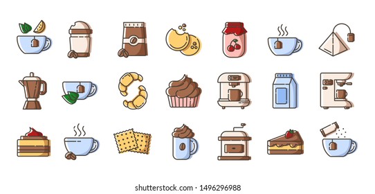 Set of simple outline filled icons - coffee and tea, coffee brewing equipment, cup or mug with hot drinks and desserts for breakfast, isolated colorful vector symbols on white background for web, app