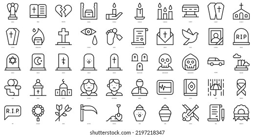 Set of simple outline funeral Icons. Thin line art icons pack. Vector illustration