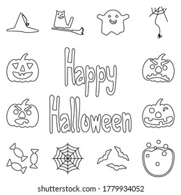 Set of simple outline halloween icons. Orange outline funny halloween icons. Cartoon style icons ghost, pumpkin, broom, hat and cat