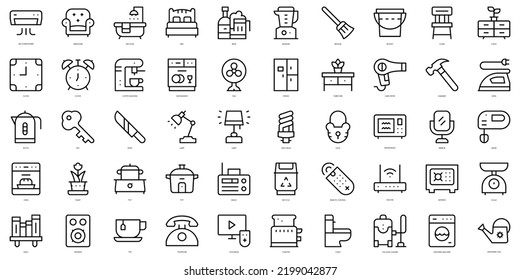 Juego de simples contorno de cosas para el hogar Iconos. Paquete de iconos de arte delgado. Ilustración del vector