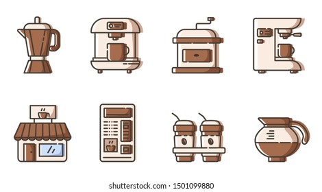 Set von einfachen Umrisssymbole - Kaffeemaschine, Kaffeemaschine und Mashine, Automobil-, Cafe- oder Restaurant-Piktogramm, Heißgetränke oder Getränke zum Frühstück, Symbol für einzelne Vektorillustrationen