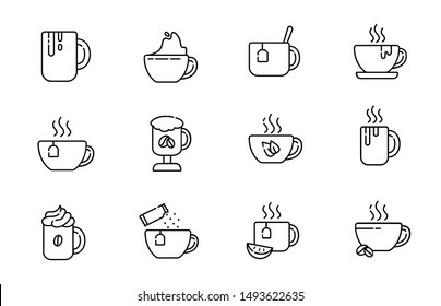 Set of simple outline icons - collection of cups or mugs with tea and coffee, hot energetic drinks or beverages for breakfast, tea party stuff, isolated vector symbols for web, app