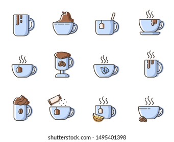 Set of simple outline icons - collection of cups or mugs with tea and coffee, hot energetic drinks or beverages for breakfast, tea party stuff, isolated vector symbols for web, app