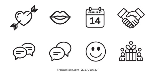 Conjunto de iconos de contorno simple para citas y romance incluyendo beso corazón flecha fecha y hablar