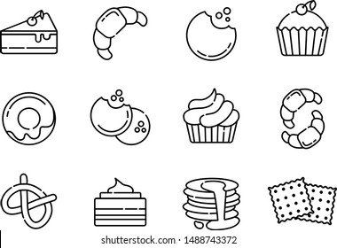 Set of simple outline icons - desserts for breakfast or tea and coffee party, cake, cupcake, croissant, donut, bagel, cookies, isolated line vector symbolsfor web, app