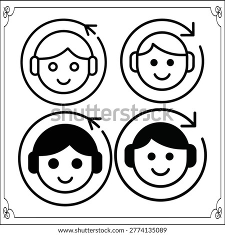 Set of simple outline icons featuring cheerful faces wearing headphones enclosed in circles with arrows suggesting feedback or engagement