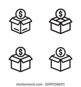 Um conjunto de ícones simples representando caixas de doação e elementos beneficentes relacionados, apresentados isolados em um fundo branco limpo.
