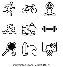 Set of Simple Outline Icons Representing Various Outdoor And Indoor Sports Activities and Recreation