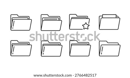 Set of simple outline icons representing document folders for organization archiving and data storage