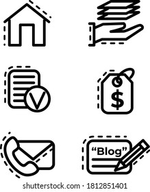 Set of simple outline icons for site sections. Six black and white pictograms Home, Price, Products, Information, Contact and Blog