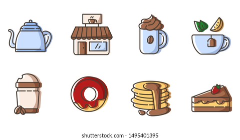 Set of simple outline icons - tea and coffee party, hot drinks, beverages  and desserts for breakfast, cafe or coffe bar, isolated vector symbol for web, app