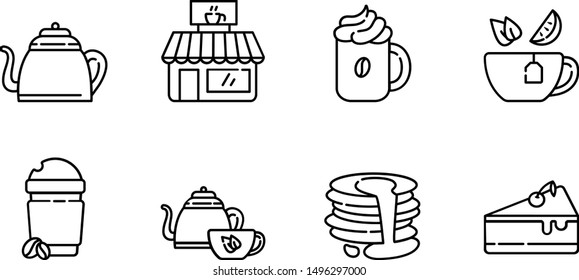Set of simple outline icons - tea and coffee party, hot drinks, beverages  and desserts for breakfast, cafe or coffe bar, isolated vector symbol for web, app