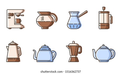 Set of simple outline icons - tea and coffee making equipment, kitchenware -  ketlle, teapot, coffee maker, jag, hot drinks or beverages for breakfast,  isolated vector symbol for web or app