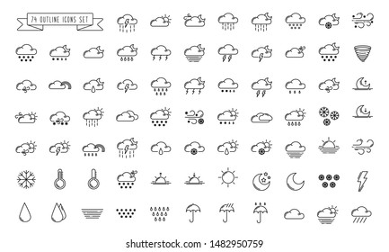 Set of simple outline icons - weather or forecast sings with clouds, snow, rain, fog, wind, thunderstorm, sun and moon - vector isolated symbols collection for web or app
